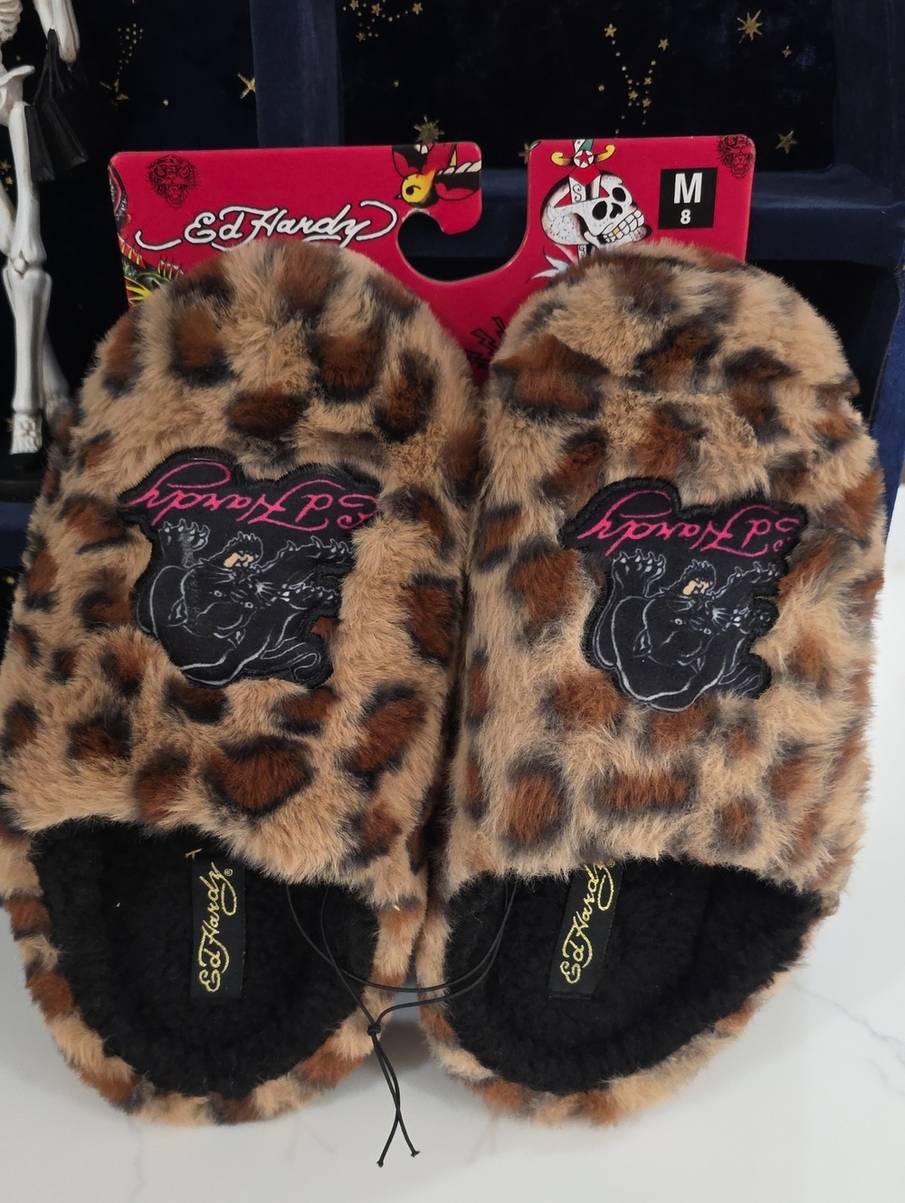 Ed Hardy Leopard Faux Fur Slide Slippers Sz 8